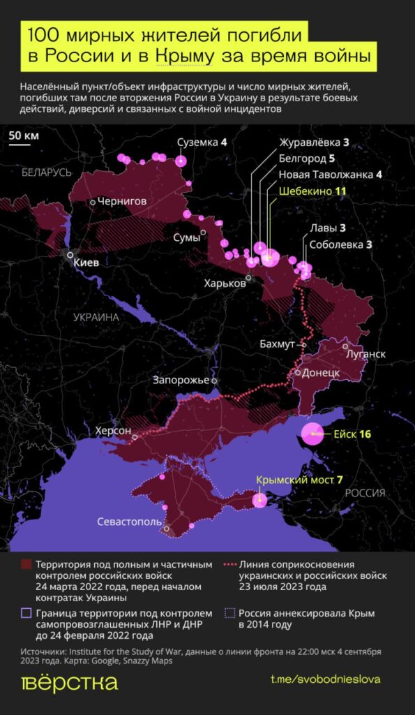 Населённый пункт/объект инфраструктуры и&nbsp;число мирных жителей, погибших там после вторжения России и&nbsp;Украины в&nbsp;результате боевых действий, диверсий и&nbsp;связанных с&nbsp;войной инцидентов инфографика