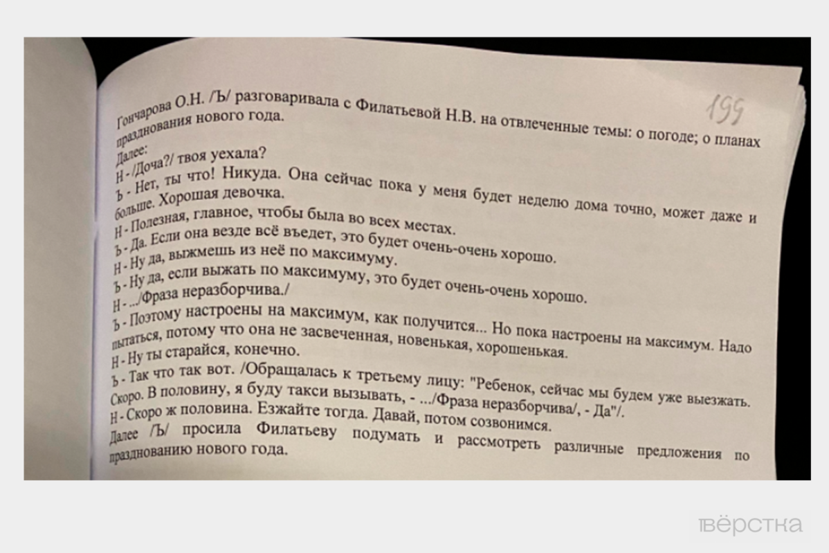 Расшифровка разговора обвиняемой Ольги Гончаровой с&nbsp;подругой, представленная в&nbsp;материалах дела