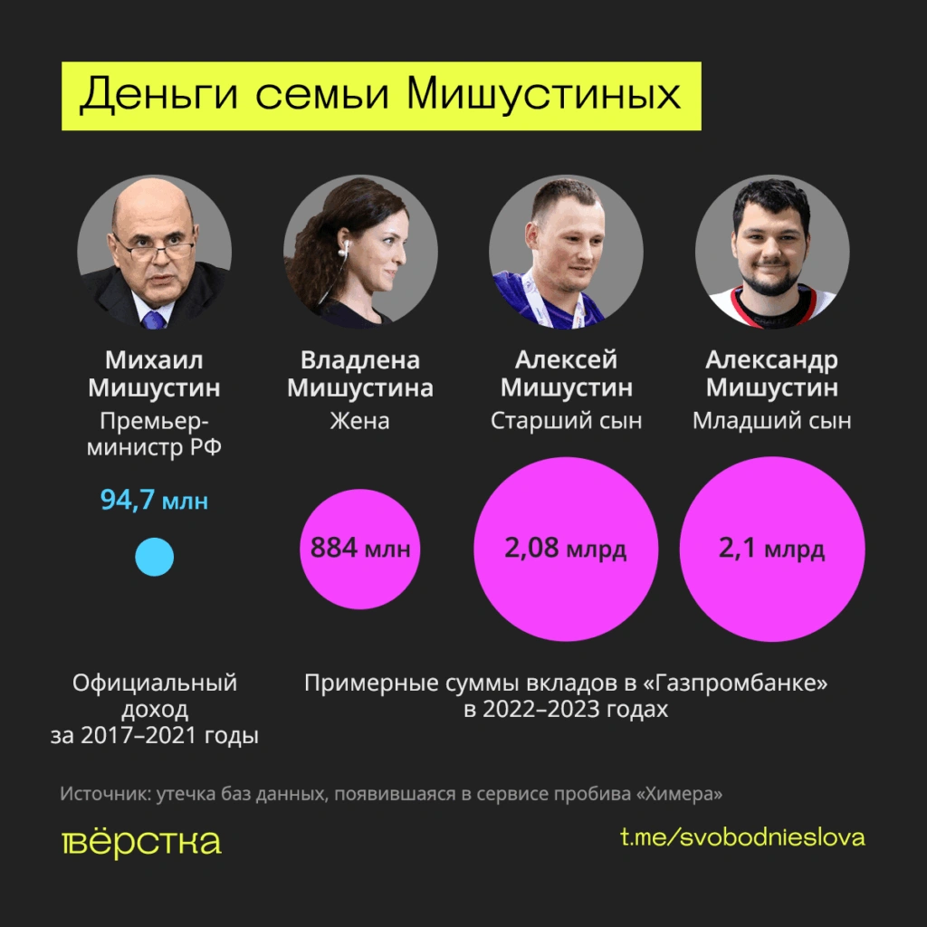 Семья Михаила Мишустина - его жена Владлена и сыновья Алексей и Александр после начала войны могли иметь более 5 млрд руб. вкладов - это 250 годовых доходов премьера