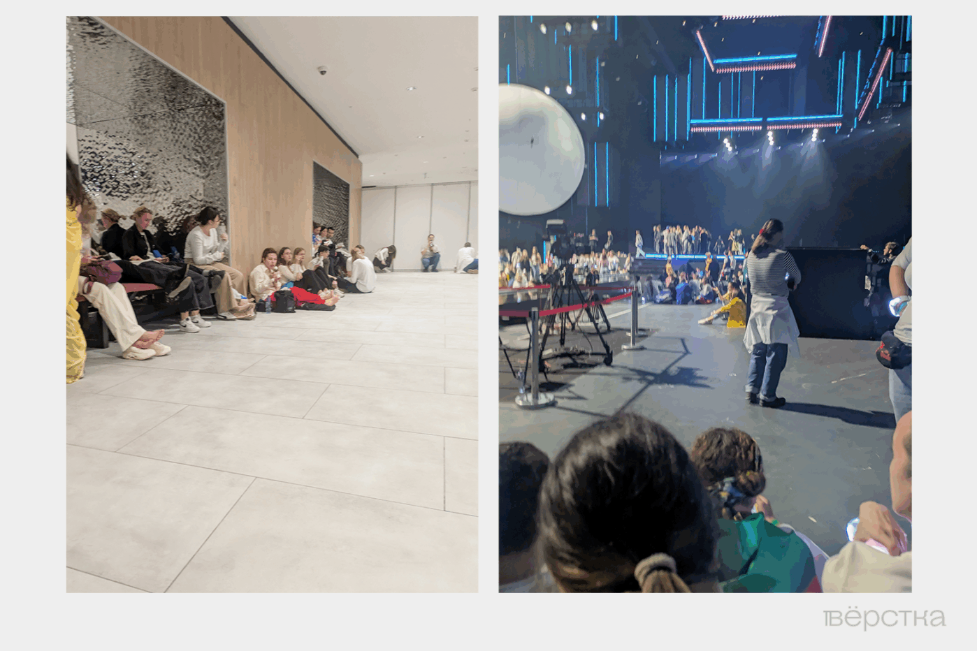 Участники массовки «Интервидения» сидят в&nbsp;холле и&nbsp;съемочном павильоне в&nbsp;ожидании съемок