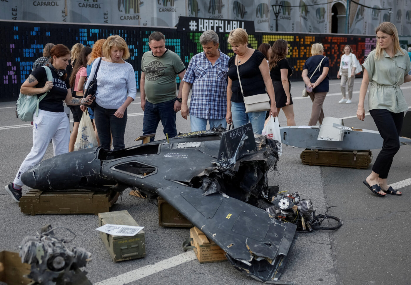 People look at&nbsp;a&nbsp;destroyed Russian combat drone during a&nbsp;visit to&nbsp;an&nbsp;exhibition in&nbsp;central Kiev dedicated to&nbsp;the defense of&nbsp;Chasovoy Yar, Ukraine